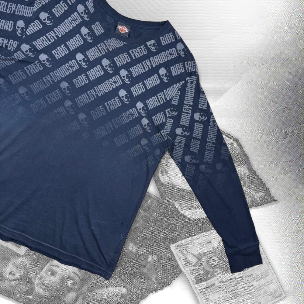 Y2K Black Harley Davidson AOP Skull / Skeleton Print Graphic Longsleeve‎ Tee